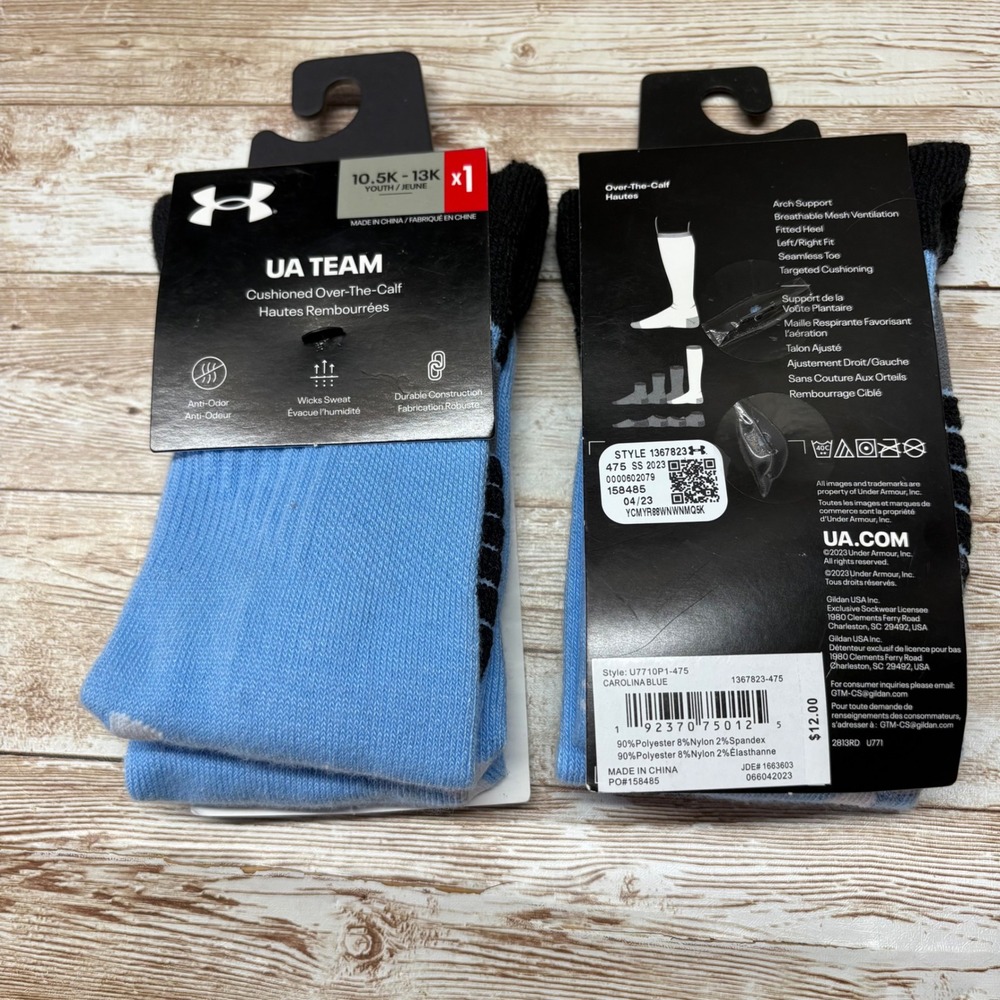 2 Pair Under Armour UA Team Socks Youth 10.5K-13K Carolina Blue Cushioned OTC
